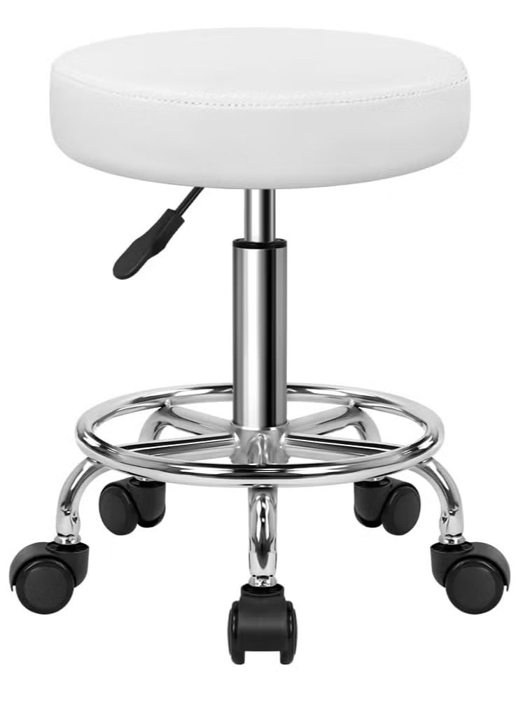 Height Adjustable Rolling Saddle Stool with Footrest, 360° Swivel Armless Task Chair, PU Leather Round Seat for Salon, Spa, Tattoo Studio, Office and Massage, White - Image 4