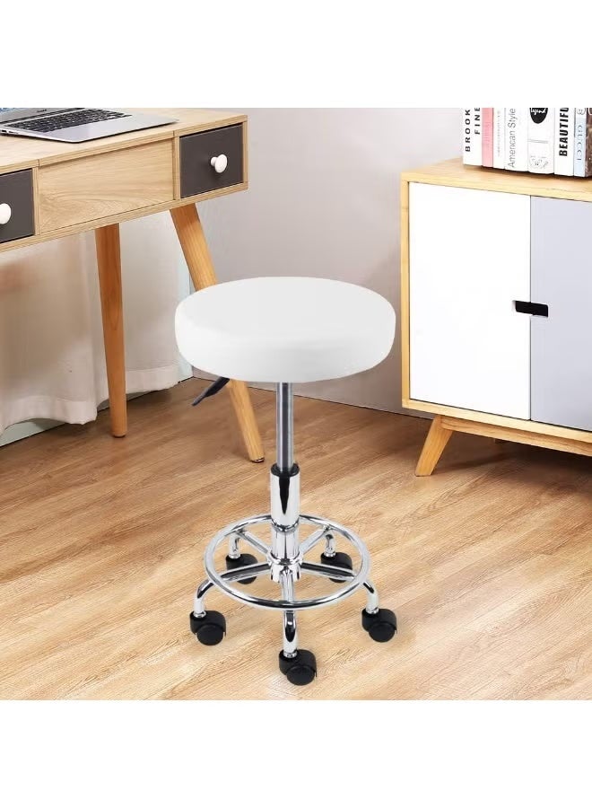 Height Adjustable Rolling Saddle Stool with Footrest, 360° Swivel Armless Task Chair, PU Leather Round Seat for Salon, Spa, Tattoo Studio, Office and Massage, White - Image 1