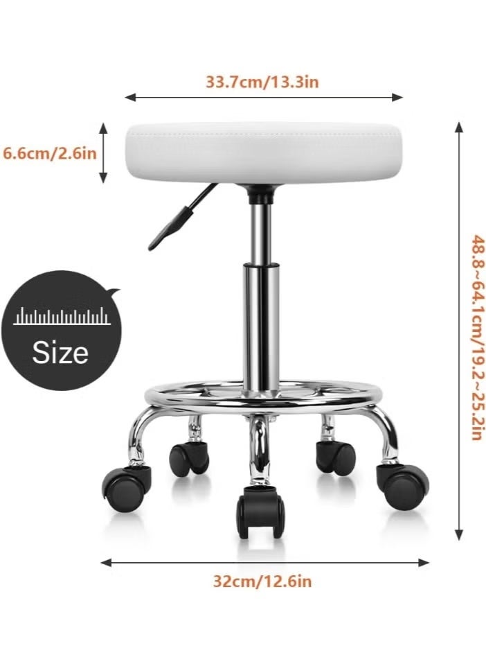 Height Adjustable Rolling Saddle Stool with Footrest, 360° Swivel Armless Task Chair, PU Leather Round Seat for Salon, Spa, Tattoo Studio, Office and Massage, White - Image 2