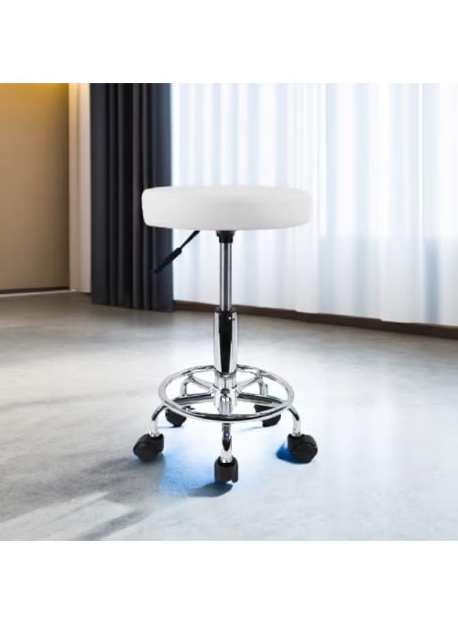Height Adjustable Rolling Saddle Stool with Footrest, 360° Swivel Armless Task Chair, PU Leather Round Seat for Salon, Spa, Tattoo Studio, Office and Massage, White - Image 3