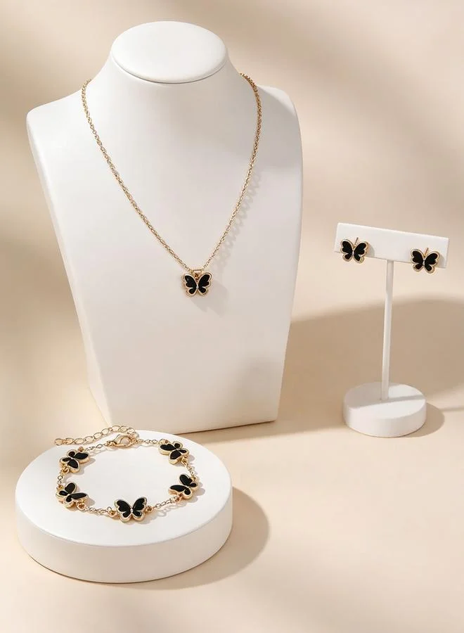 Girls Black Butterfly Charm Necklace, Bracelet and Earring Set