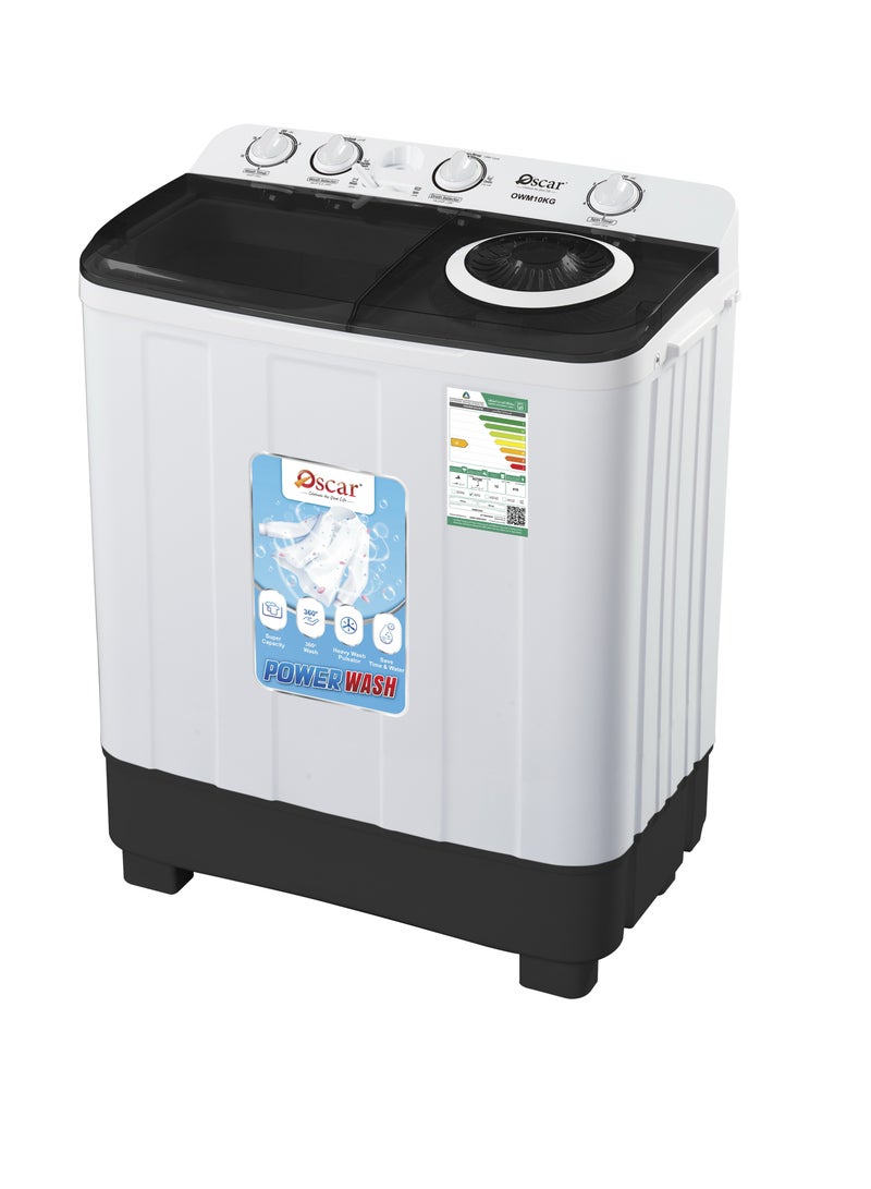 OSCAR 10kg Twin tub portable Washing Machine, Powerful Pulsator, Energy Efficient, 10kg Capacity Laundry Washer and 6.5Kg Spinner Combo with Timer Knobs, Built-in Drain Pump, Compact Washer for Home Dorm Apartment (Black+White)