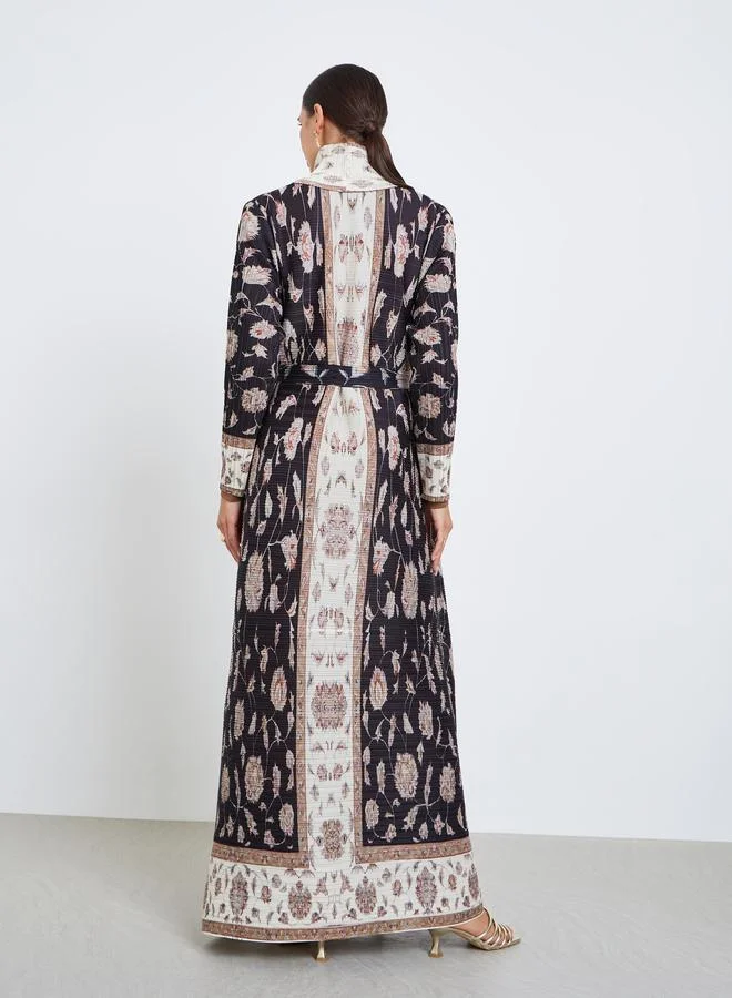 Take Two All-Over Printed Textured Pleated Long Sleeve Abaya