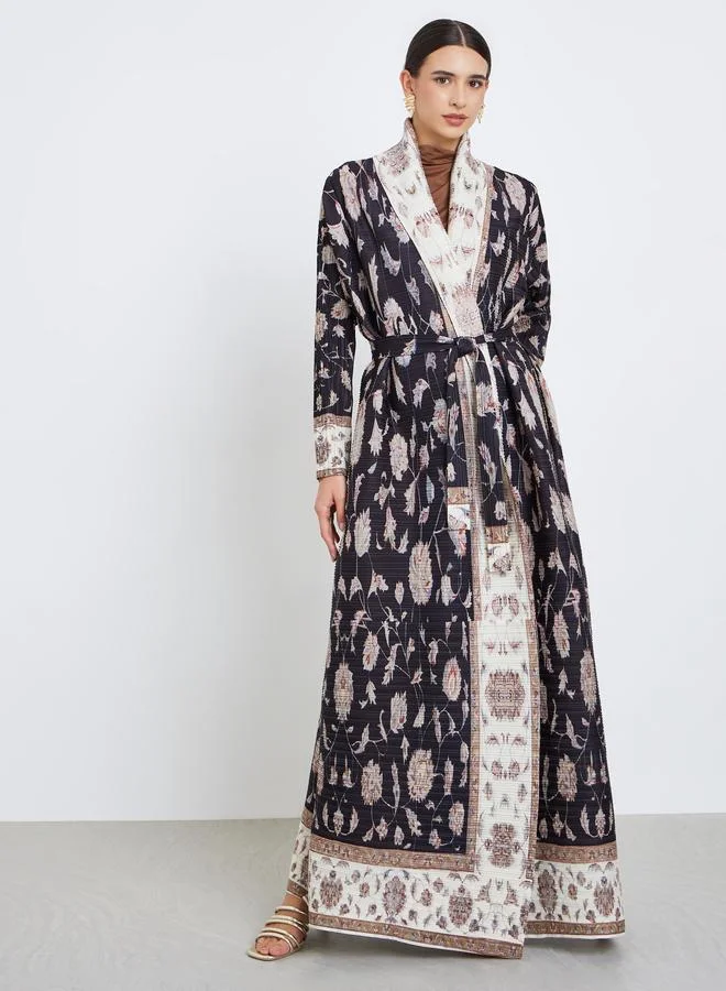 تايك تو عباية محبوكة بكسرات بطبعة كاملة وأكمام طويلة