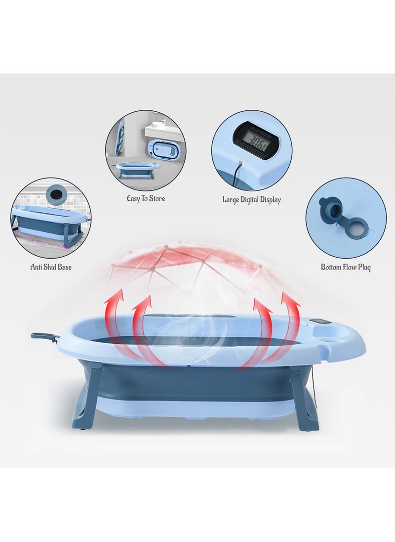 Eazy Kids - Temperature Controlled Foldable Bathtub With Intelligent Temperature Monitoring Thermometer And Baby Head Shampoo Wash Rinse Mug - Blue - Image 1