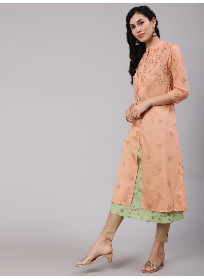 AKS Peach & Green Gold Print Layered Kurta  - Image 5