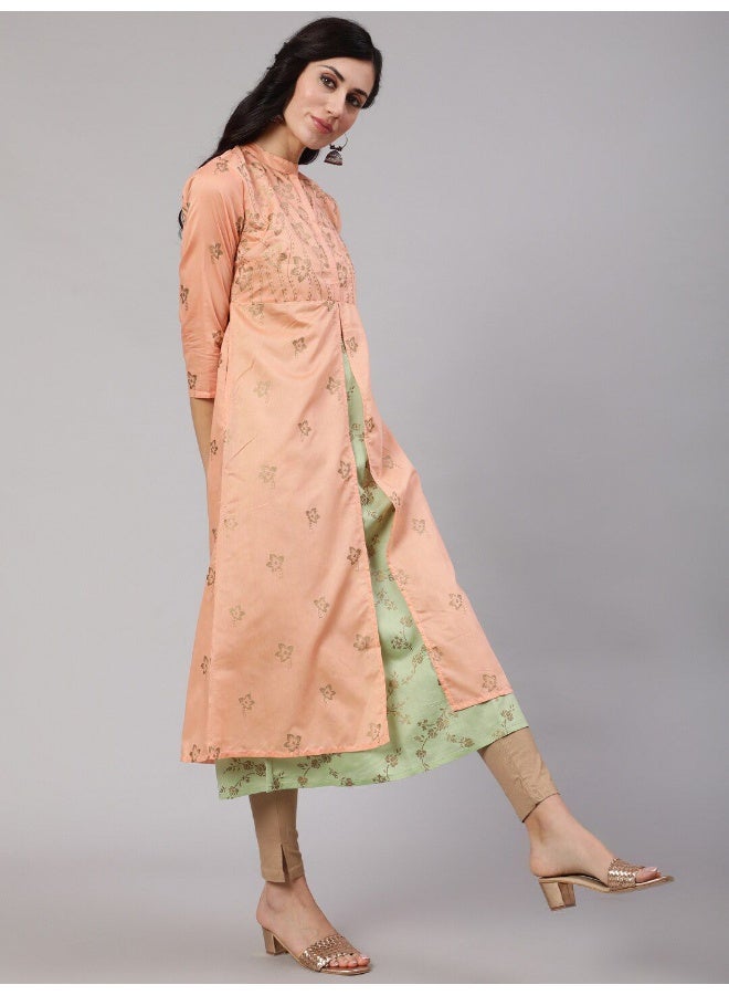 AKS Peach & Green Gold Print Layered Kurta  - Image 3