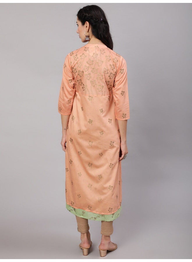 AKS Peach & Green Gold Print Layered Kurta  - Image 4
