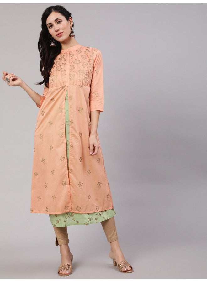 AKS Peach & Green Gold Print Layered Kurta  - Image 1