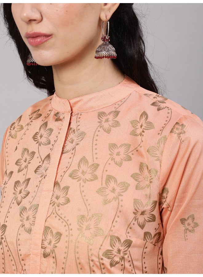 AKS Peach & Green Gold Print Layered Kurta  - Image 2