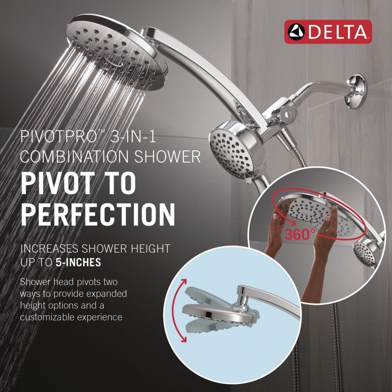Delta 6-Setting PivotPro 3-in-1 Combination Shower Head with ProClean Spray, Chrome Round Shower Head Rainfall with Handheld Spray, 1.75 GPM, Chrome 75649 - Image 2