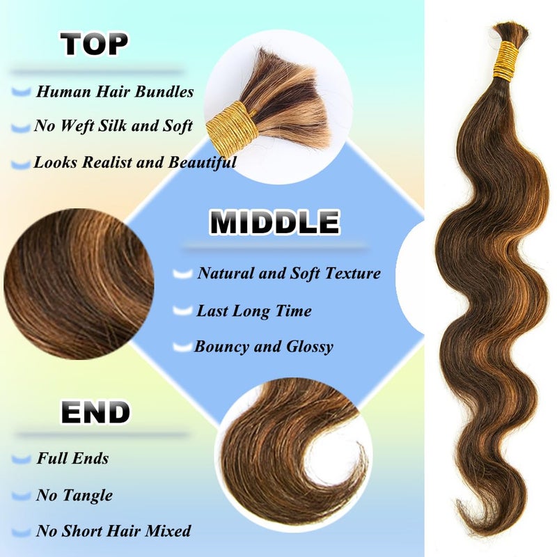 Y WIGS YWIGS Body Wave Bulk Human Hair for Braiding Human Braiding Hair for Boho Braids 50G No Weft Virgin Human Hair #4/30 18inch - Image 3