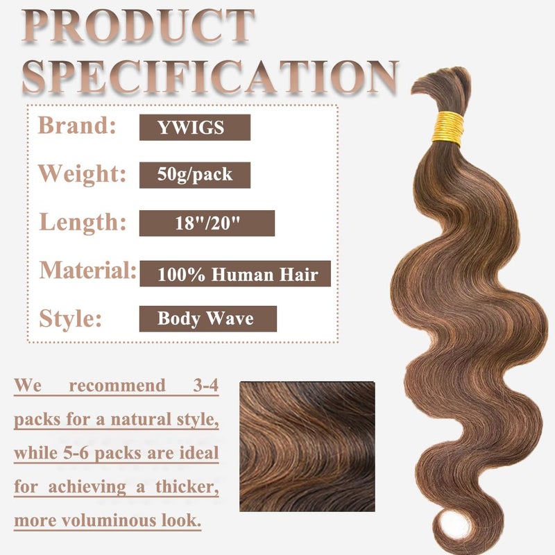 Y WIGS YWIGS Body Wave Bulk Human Hair for Braiding Human Braiding Hair for Boho Braids 50G No Weft Virgin Human Hair #4/30 18inch - Image 2