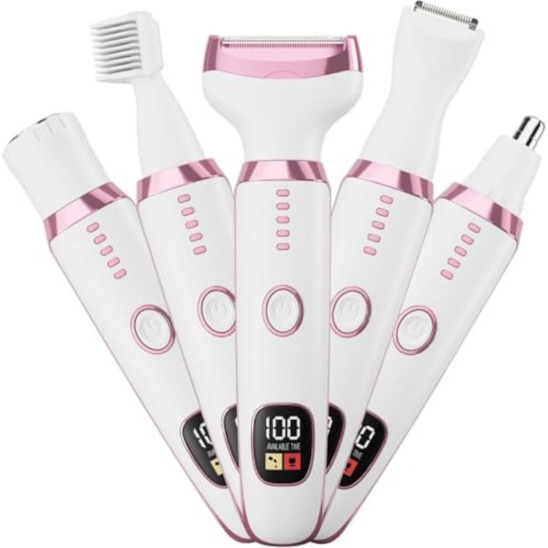Bikini Trimmer for Women, 5 in 1 Electric Razors for Shaving, Waterproof Rechargeable Pubic Hair Trimmer with LED Display, White - Image 1