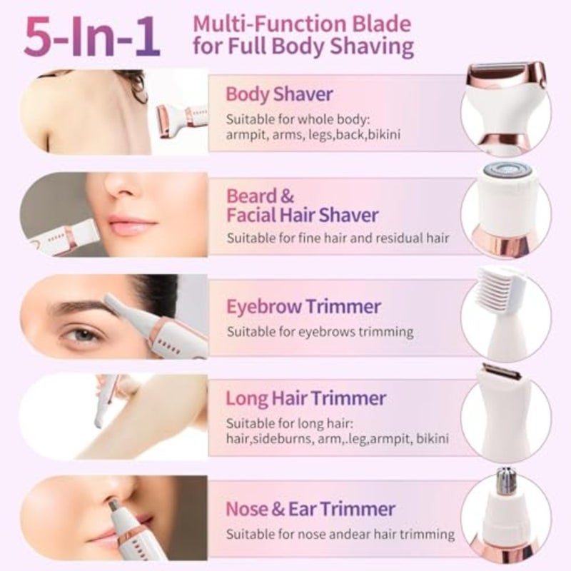 Bikini Trimmer for Women, 5 in 1 Electric Razors for Shaving, Waterproof Rechargeable Pubic Hair Trimmer with LED Display, White - Image 3
