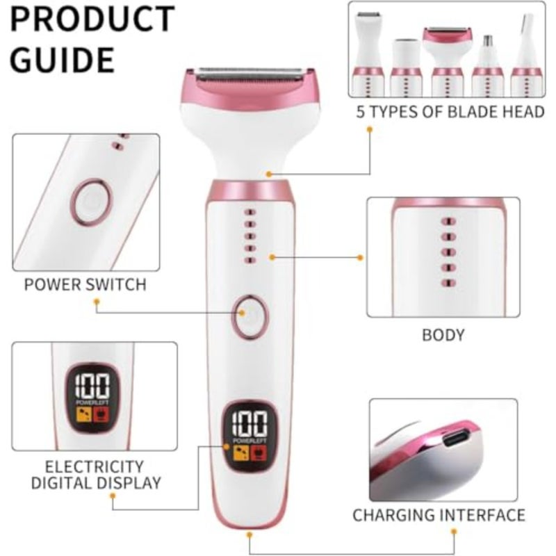 Bikini Trimmer for Women, 5 in 1 Electric Razors for Shaving, Waterproof Rechargeable Pubic Hair Trimmer with LED Display, White - Image 2