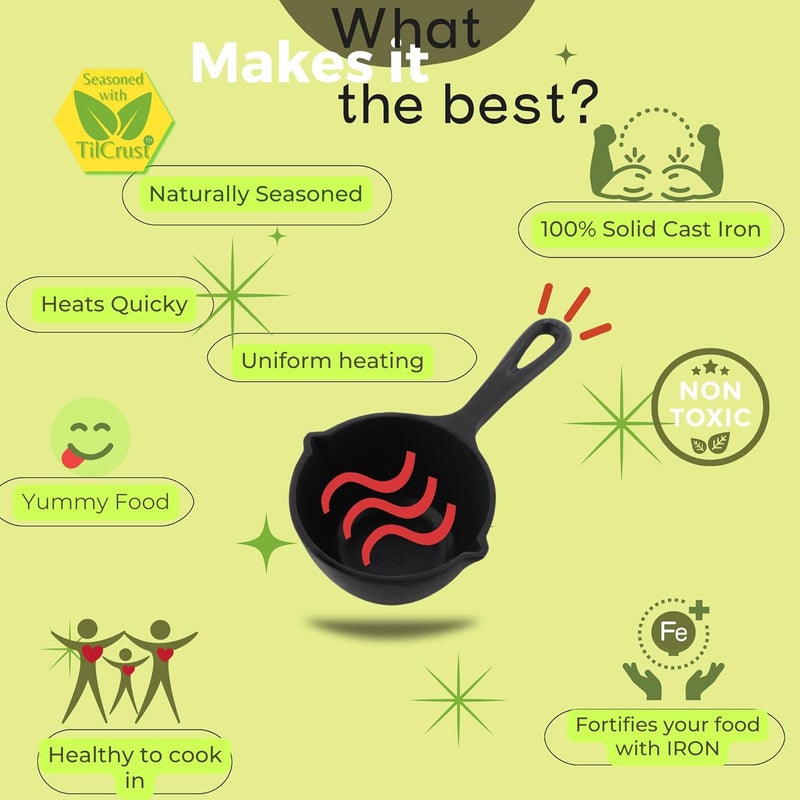 TRILONIUM Cast Iron Tadka Pan | Tempering Pan | Triple-Seasoned | Dia 11 cms | Depth 6 cms | Weight 800 GMS | Capacity 450ml - Image 3