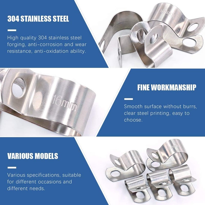 Glarks Cable Clamp Assortment Kit, 50Pcs 304 Stainless Steel 1/4'' 5/16'' 3/8'' 1/2'' 5/8'' Electrical Metal Clamp Set - Image 3