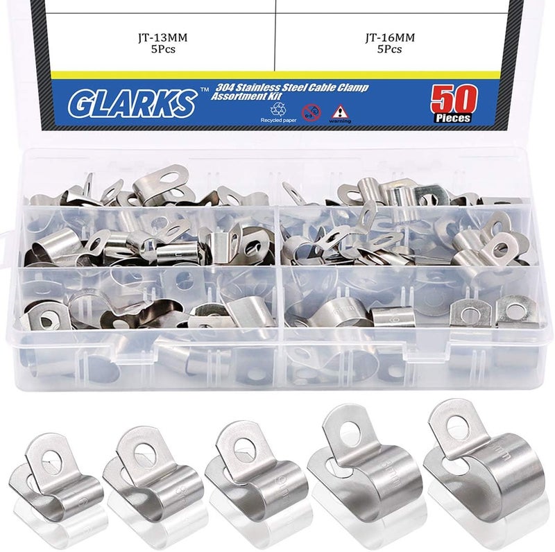 Glarks Cable Clamp Assortment Kit, 50Pcs 304 Stainless Steel 1/4'' 5/16'' 3/8'' 1/2'' 5/8'' Electrical Metal Clamp Set - Image 1