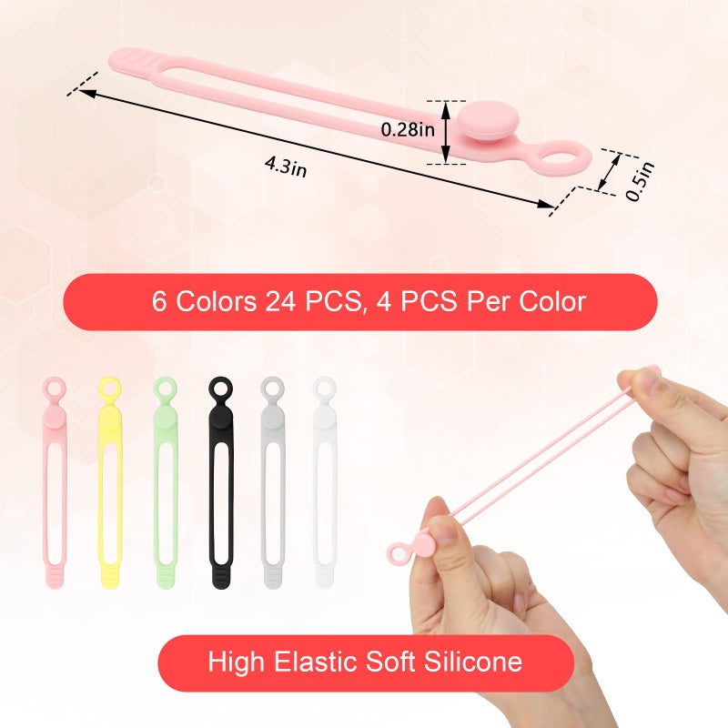 Catcan 24 Pcs Silicone Cable Ties  Catcan Reusable Cord Ties For Electrical Cords  Multipurpose Elastic Cord Organizer Straps For Bundling Fastening Charging Cords Earphone Cable (6 Colors) - Image 2