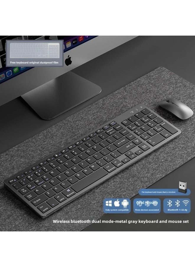 Mute Wireless Bluetooth Keyboard Mouse Mouse Suit Desktop Laptop Business Office Rechargeable Metallic Paint-Color:Gray Black - Image 1