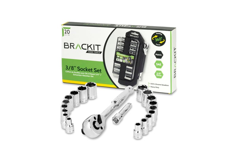 brackit Premium 20-Piece Heavy Duty Socket Set with Reversible Ratchet Handle, and Extension Bar - Professional Grade Automotive and DIY Tool Kit, Socket Wrench Set, Quick-Release Button - Image 1