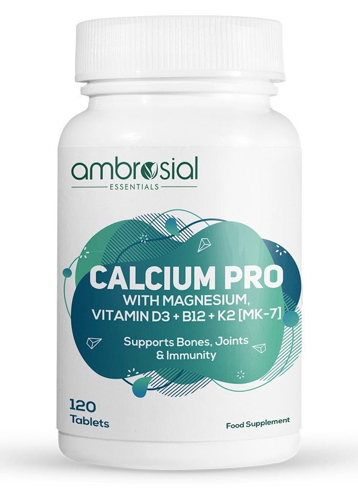 أمبروسيال أمبروسيل كالسيوم برو | مالات سترات الكالسيوم مع المغنيسيوم والزنك وفيتامينات د3 و ب12 و ك2 MK-7 | مع مستخلصات البرسيم والمورينجا | مكمل غذائي يومي بالمعادن | 120 قرصًا - Image 1