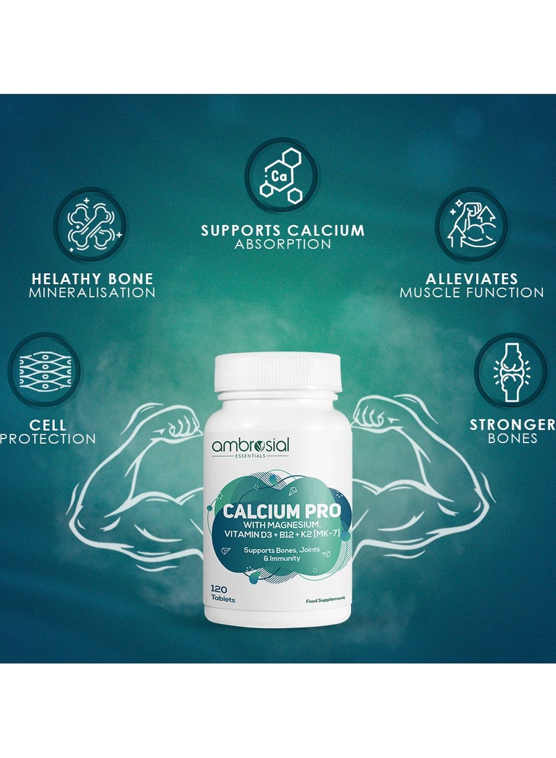 أمبروسيال أمبروسيل كالسيوم برو | مالات سترات الكالسيوم مع المغنيسيوم والزنك وفيتامينات د3 و ب12 و ك2 MK-7 | مع مستخلصات البرسيم والمورينجا | مكمل غذائي يومي بالمعادن | 120 قرصًا - Image 2