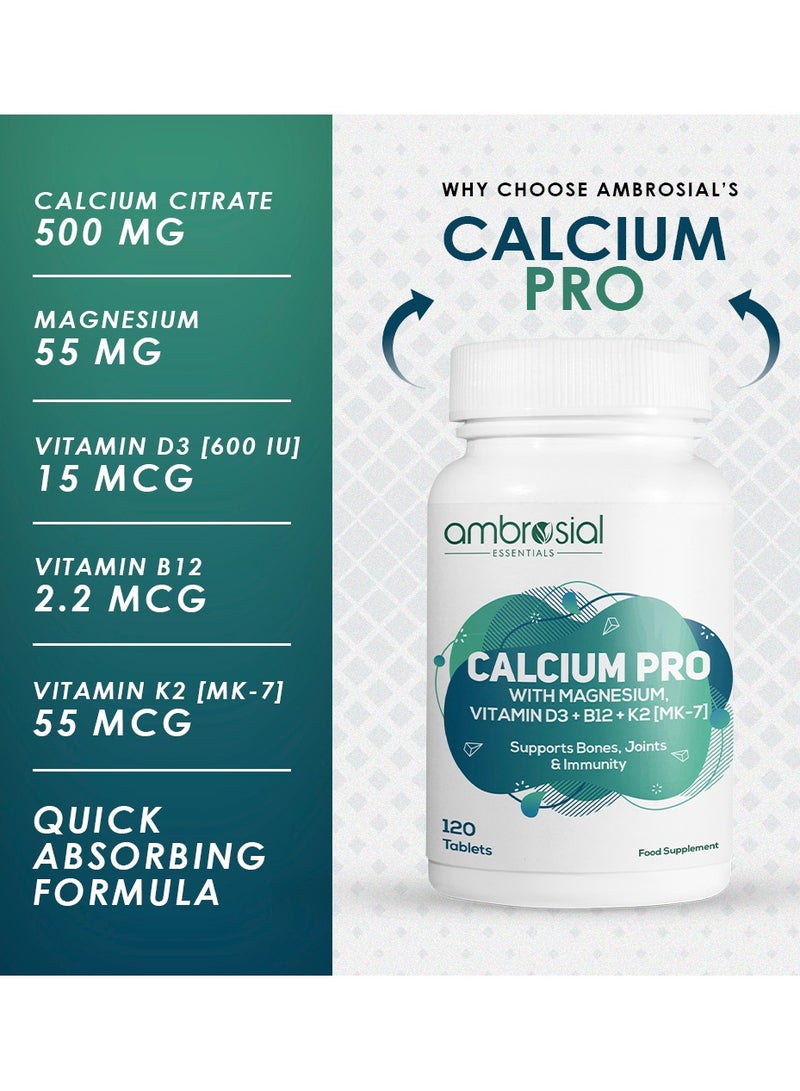 أمبروسيال أمبروسيل كالسيوم برو | مالات سترات الكالسيوم مع المغنيسيوم والزنك وفيتامينات د3 و ب12 و ك2 MK-7 | مع مستخلصات البرسيم والمورينجا | مكمل غذائي يومي بالمعادن | 120 قرصًا - Image 3