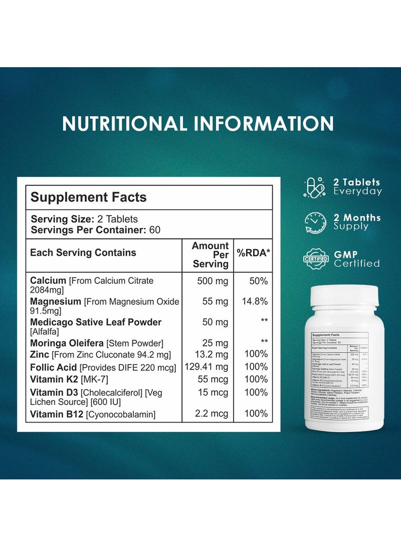 أمبروسيال أمبروسيل كالسيوم برو | مالات سترات الكالسيوم مع المغنيسيوم والزنك وفيتامينات د3 و ب12 و ك2 MK-7 | مع مستخلصات البرسيم والمورينجا | مكمل غذائي يومي بالمعادن | 120 قرصًا - Image 4