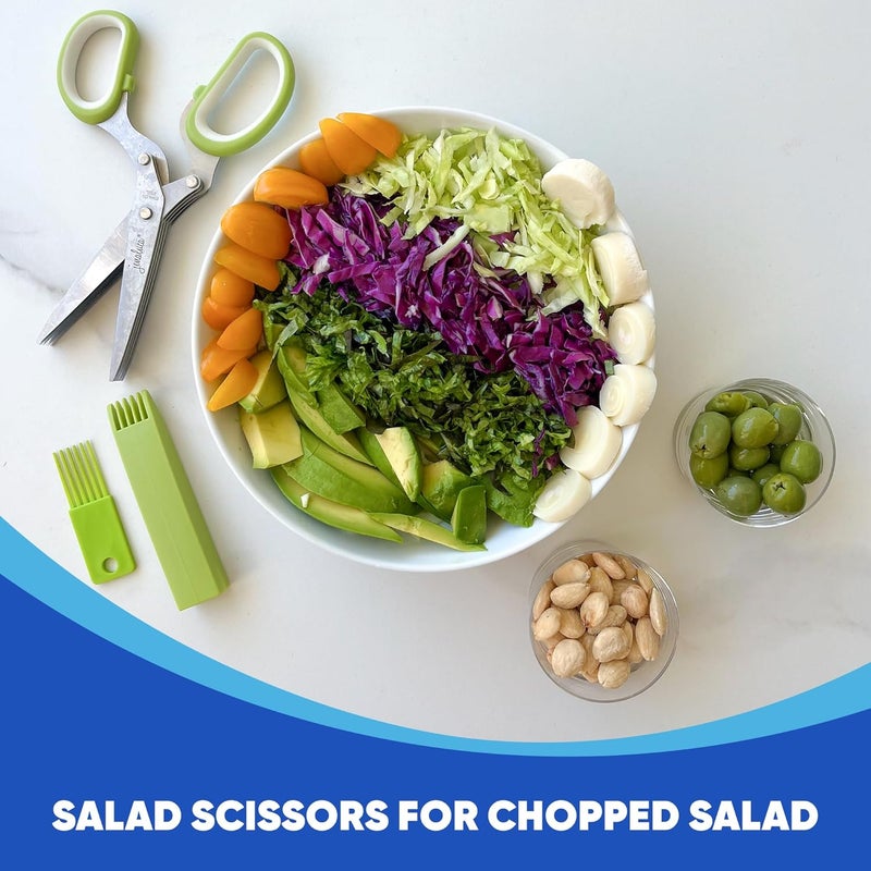 Jenaluca 5 Blade Herb Scissors - Cut & Chop Fresh Herbs & Leafy Greens - Salad Scissors - Stainless Steel Kitchen Shear Set with Cleaning Comb & Safety Cover - Kitchen Gadget - Green - Image 5