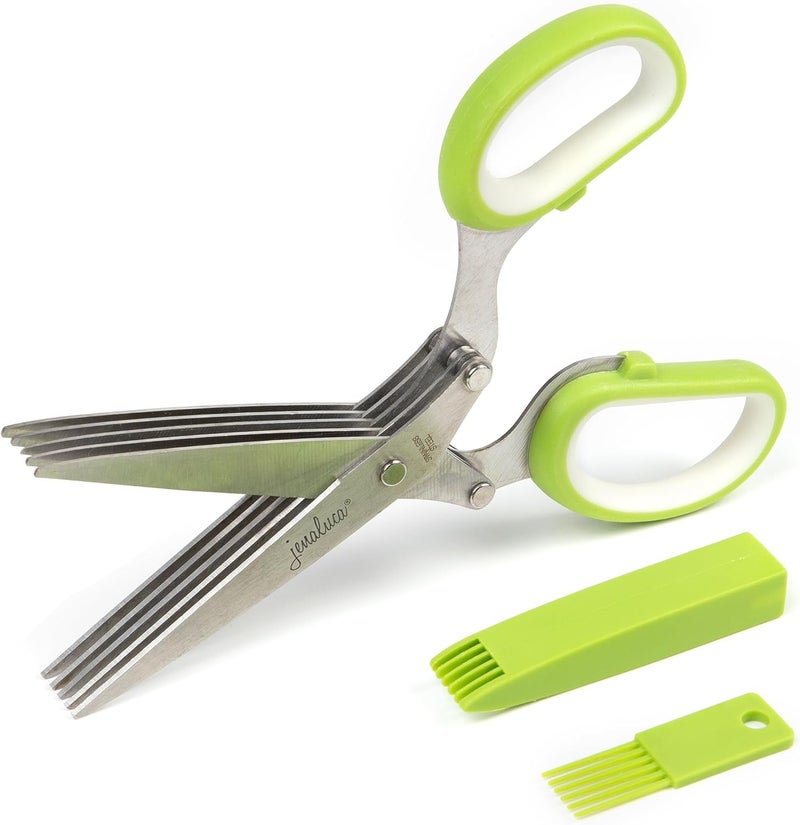Jenaluca 5 Blade Herb Scissors - Cut & Chop Fresh Herbs & Leafy Greens - Salad Scissors - Stainless Steel Kitchen Shear Set with Cleaning Comb & Safety Cover - Kitchen Gadget - Green - Image 1