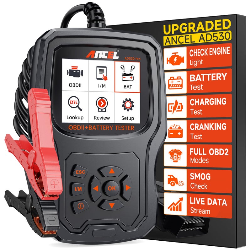 ANCEL AD530 PRO 2 in 1 OBD2 Scanner & Car Battery Tester, Car Scanner Diagnostic Tool with Live Data, 12V Battery Tester with Charging & Cranking Test, Check Engine Code Reader for 1996+ Vehicles - Image 1