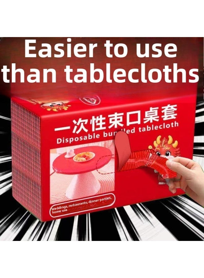 Drawstring Disposable Tablecloth Household Thickened Elastic Band Tablecloth Disposable Disposable Disposable Transparent Round Rectangular Special-Color:Red-Specifications:Round Table Diameter 80CM/square Table Diameter 100CM (one Piece)  - Image 2