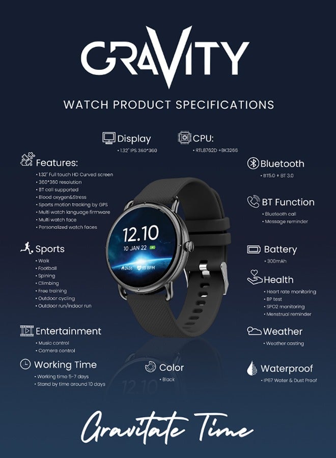 Gravity ساعة SEEKEN Gravity 132 الذكية - أسود | شاشة عالية الدقة | مقاومة للماء IP68 | عمر بطارية طويل | تصميم متميز | جودة عالية. - Image 2