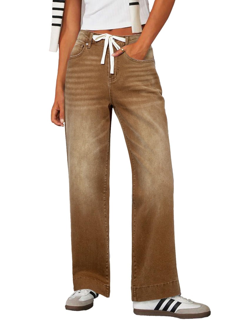 Sidefeel Women's Wide Leg Jeans High Waisted Stretchy Straight Leg Drawstring Zimbaplatinum Denim Pants with Pocktes Brown Size 4 - Image 1