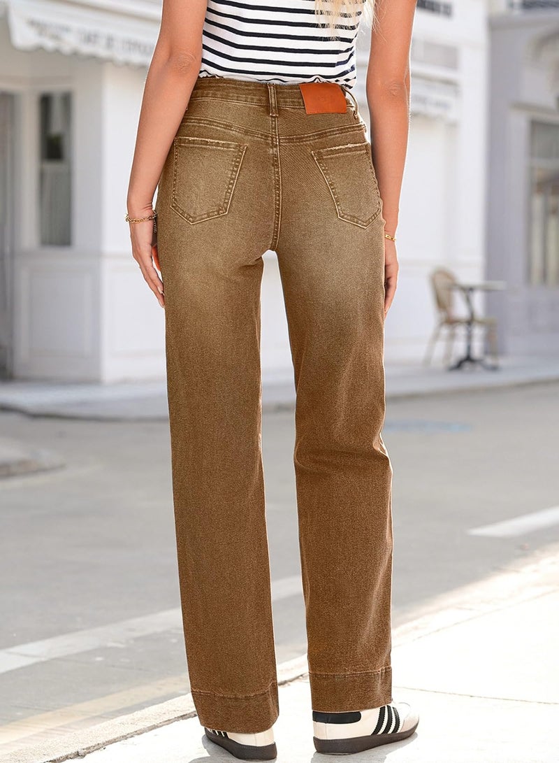 Sidefeel Women's Wide Leg Jeans High Waisted Stretchy Straight Leg Drawstring Zimbaplatinum Denim Pants with Pocktes Brown Size 4 - Image 2