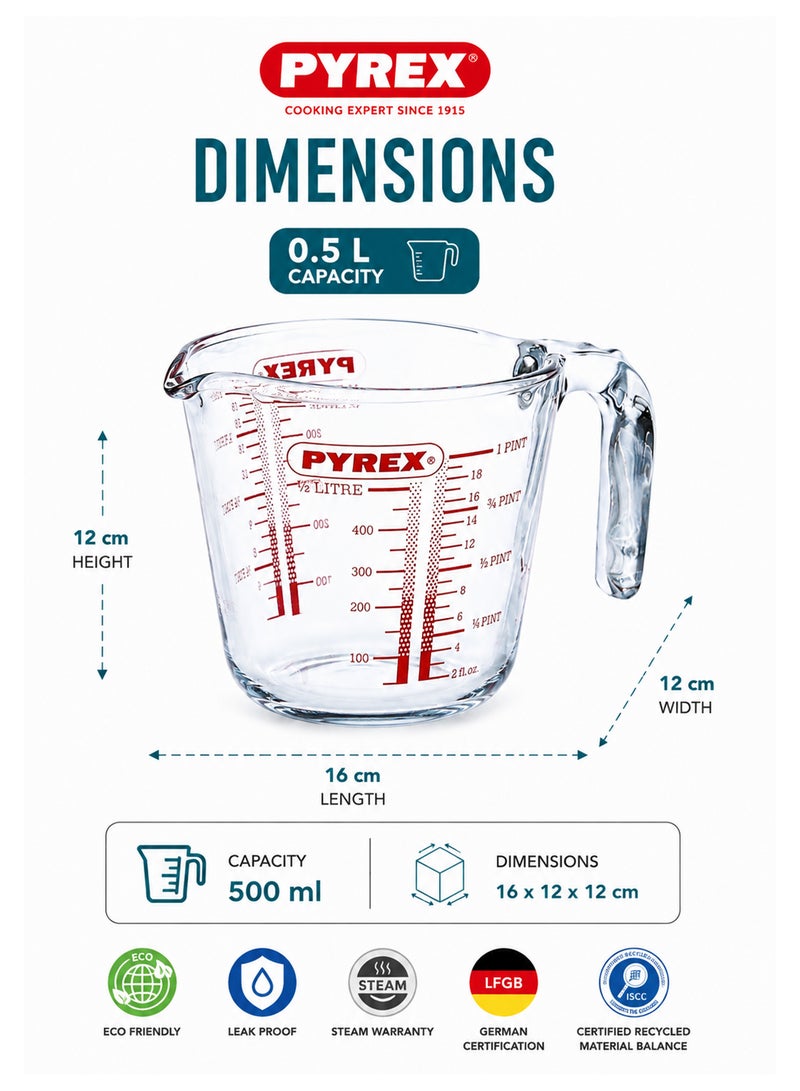 بيريكس Pyrex 500ml Glass Measuring Jug with Handle, Clear Measurement Markings, Microwave & Dishwasher Safe for Cooking & Baking 16 x 12 x 12cm - Image 2