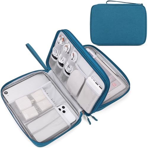 FYY Electronic Organizer, Extra Large Travel Cable Organizer Bag Pouch Portable Waterproof Double Layers All-in-One Storage Bag for iPad, Cable, Power Bank, Laptop Charger for Office/Home, Dark Green - Image 1