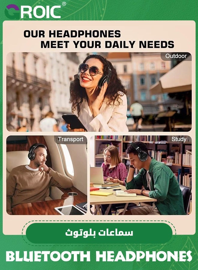 GROIC سماعات رأس بلوتوث لاسلكية فوق الأذن، سماعات أذن ستيريو هاي فاي ستيريو لاسلكية قابلة للطي باللونين الأسود والذهبي مع ميكروفون مدمج، والتحكم في مستوى الصوت، FM للهاتف/الكمبيوتر الشخصي - Image 2