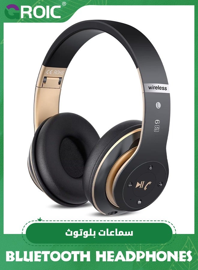GROIC سماعات رأس بلوتوث لاسلكية فوق الأذن، سماعات أذن ستيريو هاي فاي ستيريو لاسلكية قابلة للطي باللونين الأسود والذهبي مع ميكروفون مدمج، والتحكم في مستوى الصوت، FM للهاتف/الكمبيوتر الشخصي - Image 1