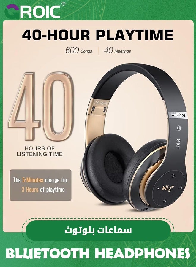 GROIC سماعات رأس بلوتوث لاسلكية فوق الأذن، سماعات أذن ستيريو هاي فاي ستيريو لاسلكية قابلة للطي باللونين الأسود والذهبي مع ميكروفون مدمج، والتحكم في مستوى الصوت، FM للهاتف/الكمبيوتر الشخصي - Image 4
