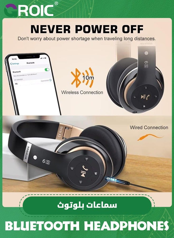 GROIC سماعات رأس بلوتوث لاسلكية فوق الأذن، سماعات أذن ستيريو هاي فاي ستيريو لاسلكية قابلة للطي باللونين الأسود والذهبي مع ميكروفون مدمج، والتحكم في مستوى الصوت، FM للهاتف/الكمبيوتر الشخصي - Image 3
