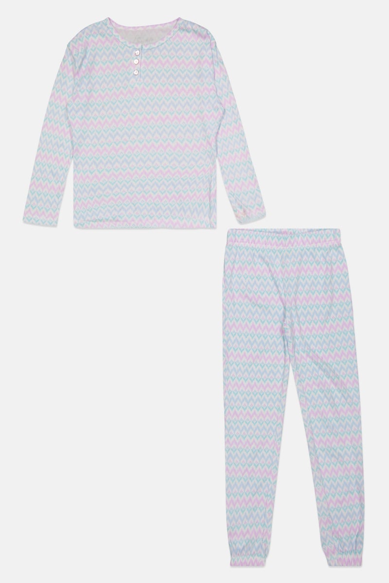 Sleep On It Kids Girl 2 Pieces Long Sleeves Allover Print Pajama Set, Blue Comb  - Image 1