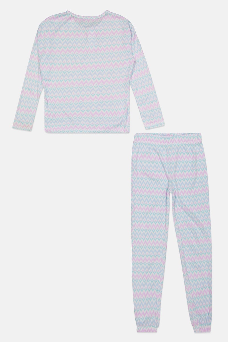 Sleep On It Kids Girl 2 Pieces Long Sleeves Allover Print Pajama Set, Blue Comb  - Image 2
