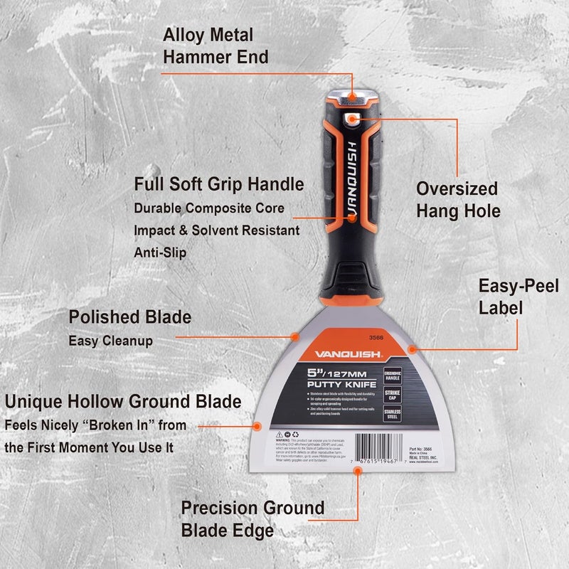 Vanquish 4 Inch Stainless Steel Putty Knife Scraper with Soft Grip Handle and Metal Hammer End (3564) - Image 1