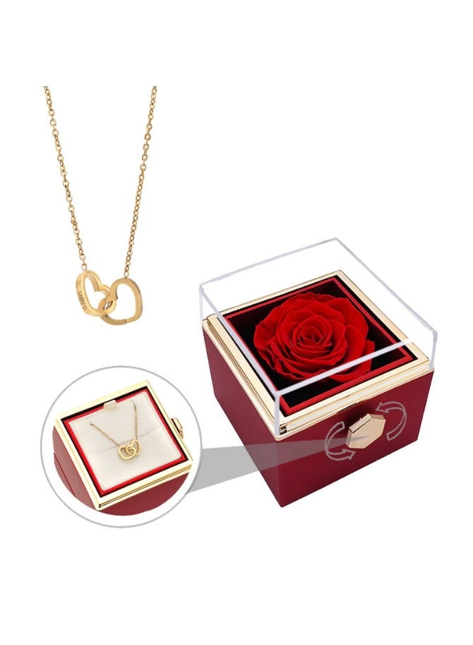 صندوق وردة أبدية مع قلادة على شكل قلب، قلادة حب مزدوجة، قلادة على شكل عظمة الترقوة، زهرة ورد دوارة، وردة عيد الحب، هدية خالدة لكل مناسبة - Image 1