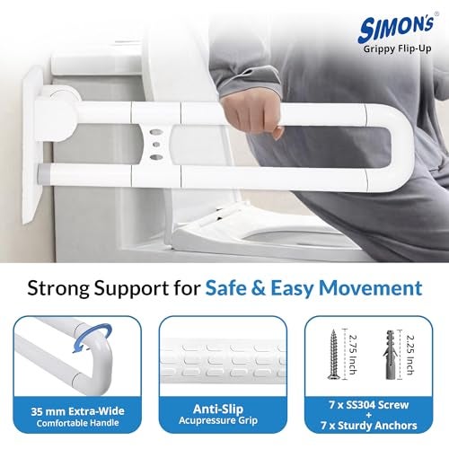 Simon's Grippy Flip-Up Nylon+SS304 Folding Grab bar for Toilet and Commode Rising of Elderly Safety Anti Slip handrail and Support Handle - 60 cm - Pack of 1 - Image 4