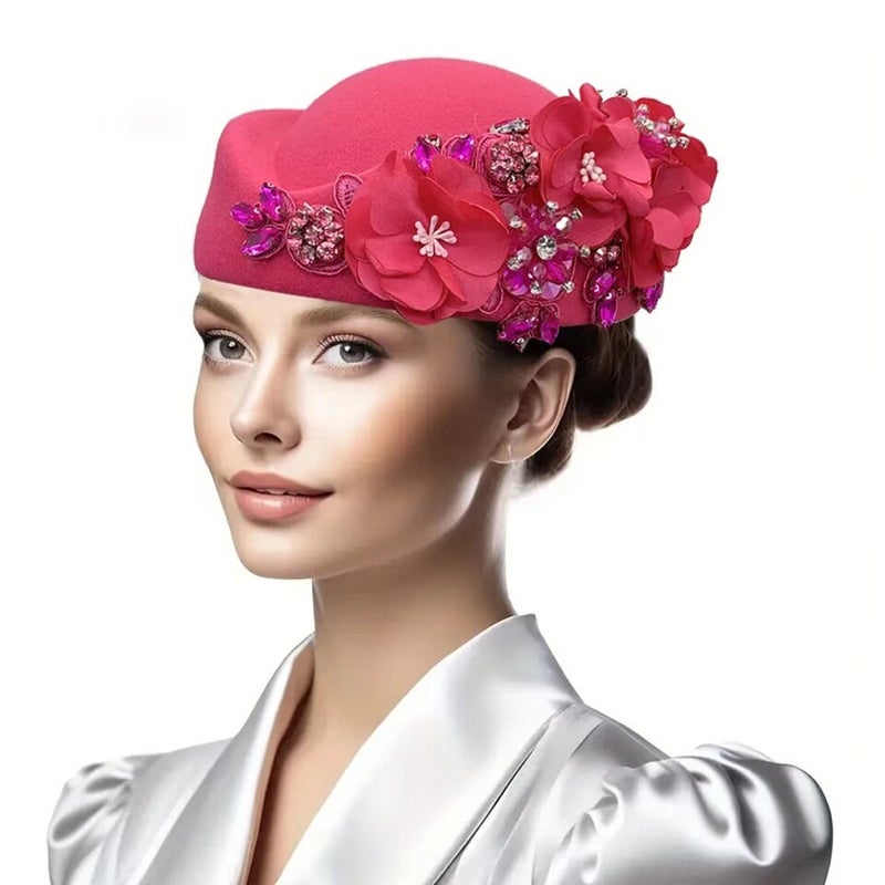 New Turban Cap Side Organza Feather Floral Melon Hat - Image 1