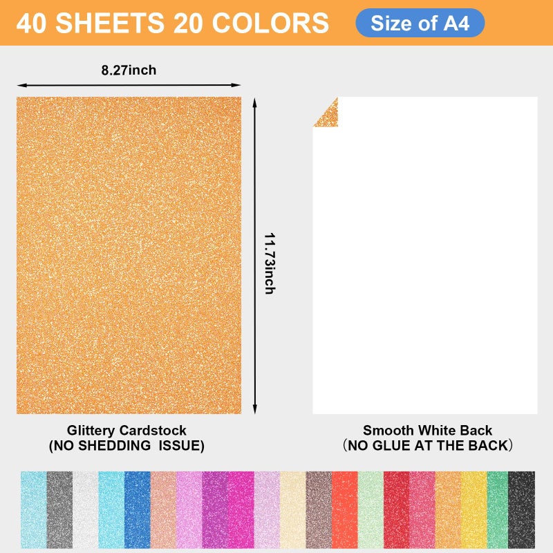 BetyBedy 40 Sheets 20 Colors Glitter Cardstock, BetyBedy Cricut Paper Cardstock, No-Shed Sparkly Glitter, A4 Glitter Paper for Arts and Crafts - Card Making, Scrapbooking, DIY Projects - Image 2